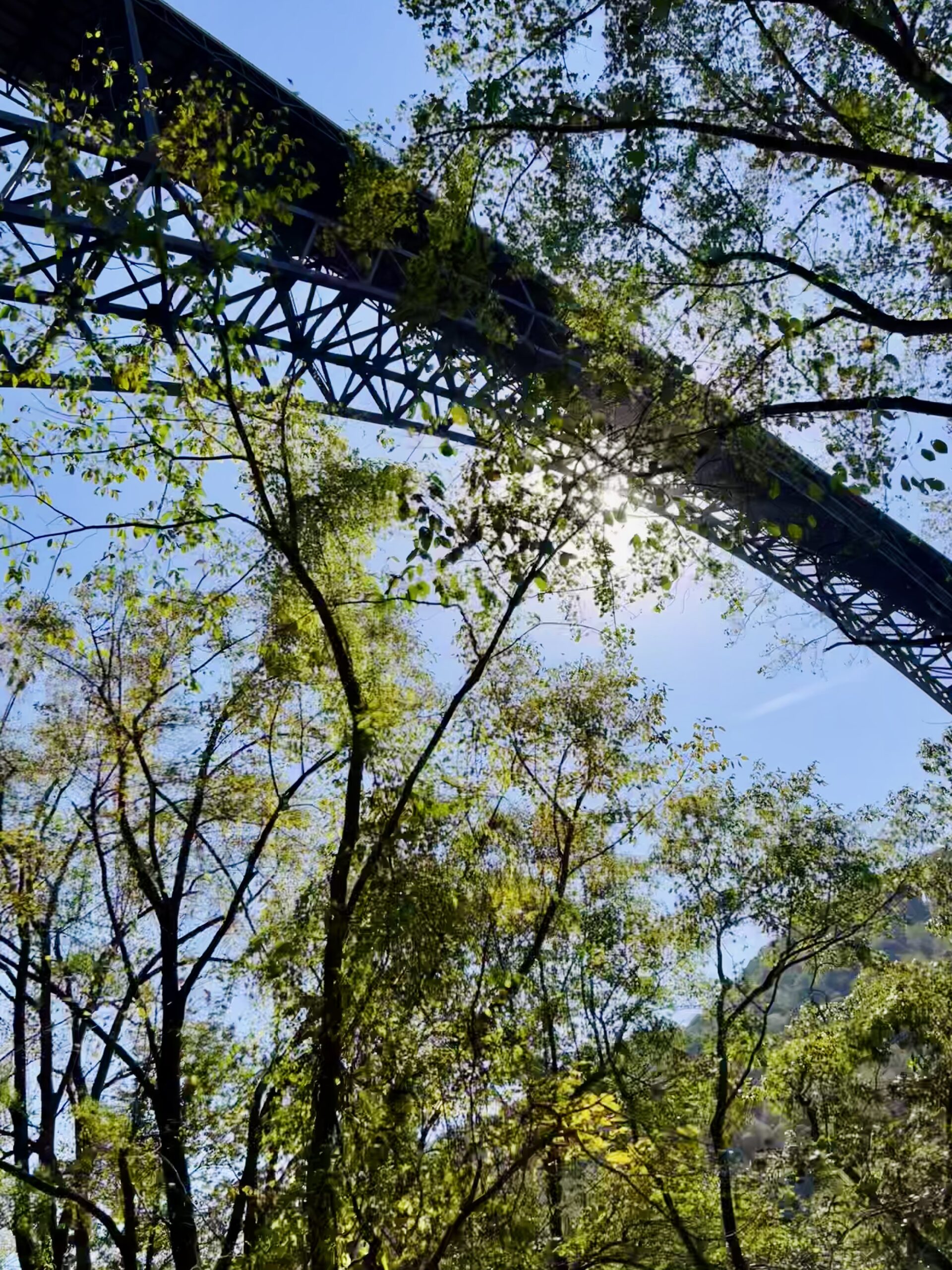 Driving under the New River Gorge Bridge on Fayette Station Road