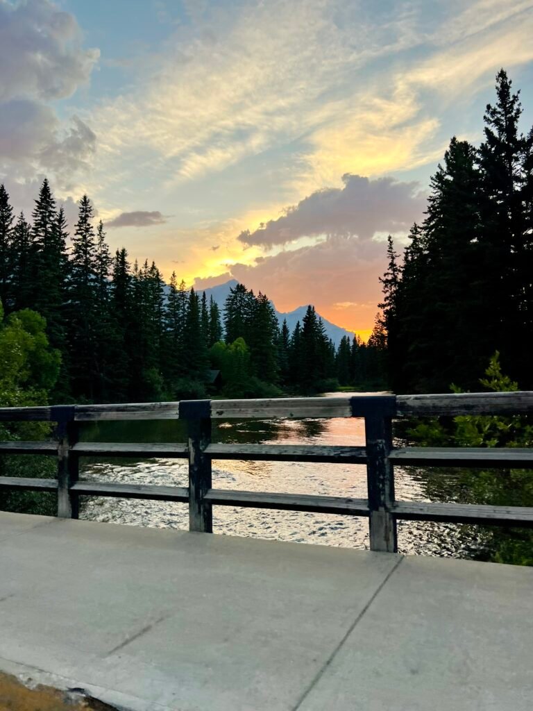 View along the Bow River in downtown Canmore, Canada